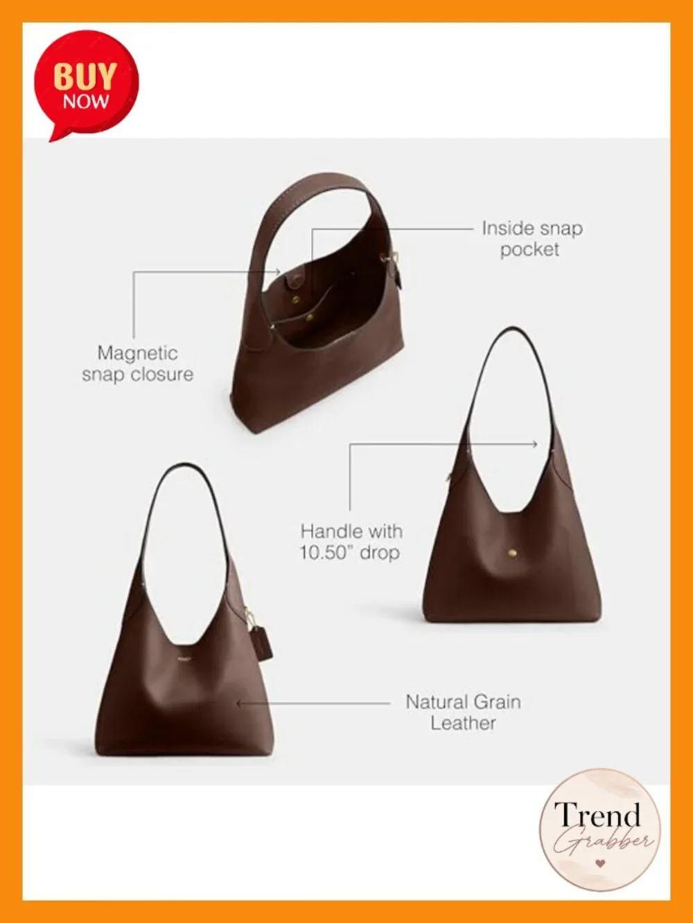 Natural Grain Leather Hobo Shoulder Bag With Snap Closure